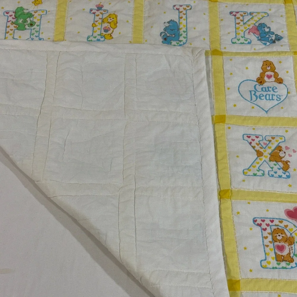Vintage 80s Care Bears Alphabet Baby Quilt Blanket ABC Nursery Yellow 45x41